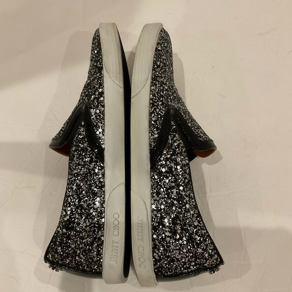 Jimmy Choo Demi Coarse Glitter Slip-Ons Sneakers Black and Silver - Picture 9 of 15